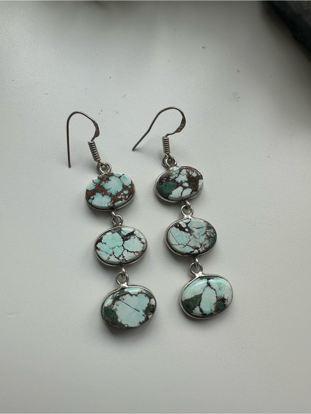 Turquoise Drop Dangle Earrings in Light Blue-Green Sterling Silver 925 - Picture 4 of 7